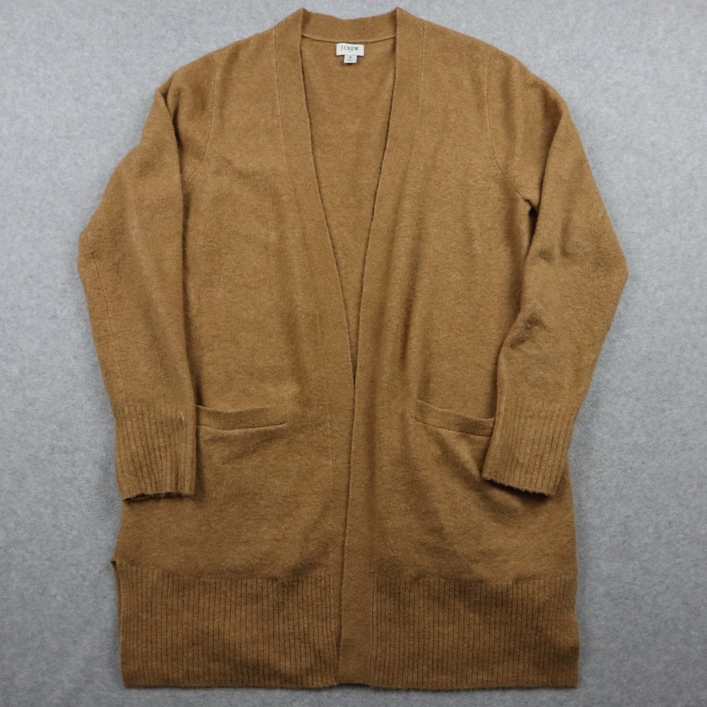J Crew Cardigan Sweater Womens Medium Open Pockets Tunic Knit Brown Long Sleeve